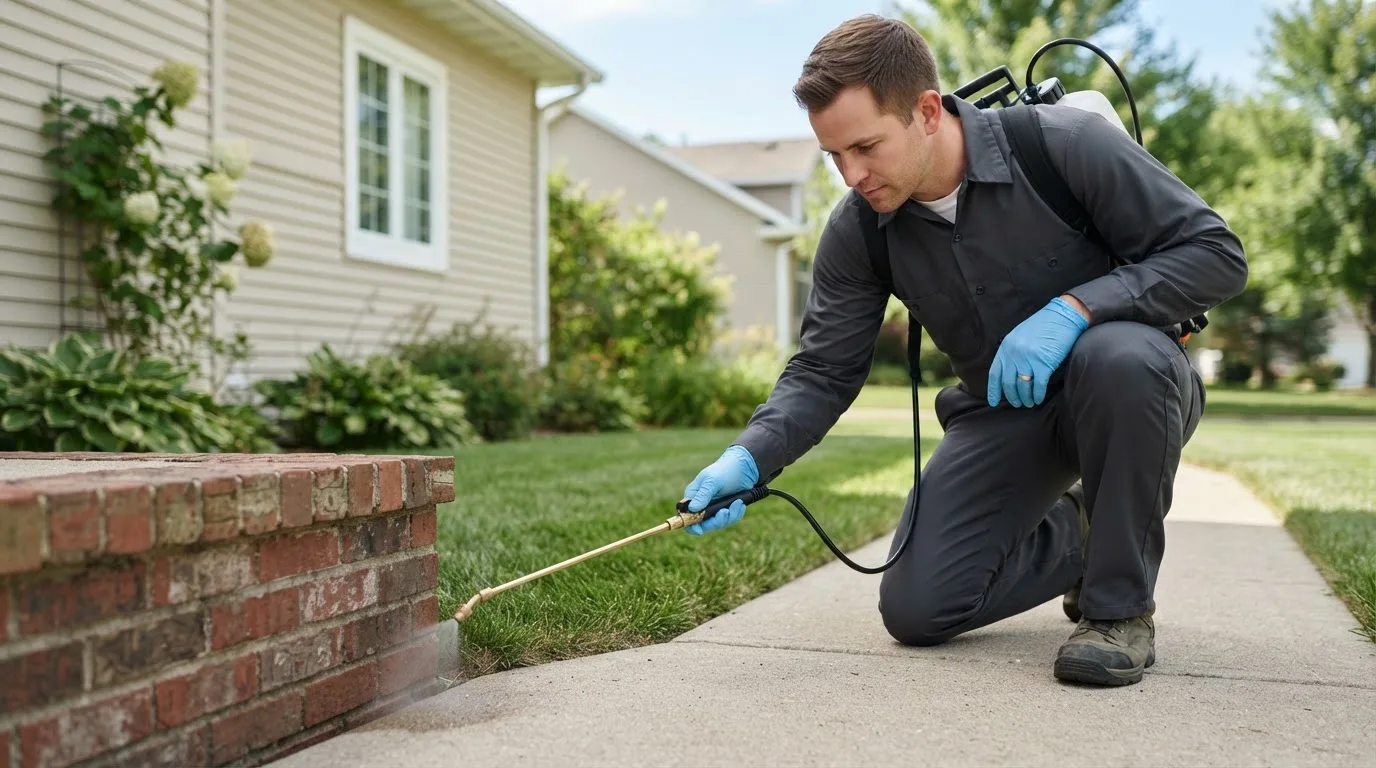 Pest control technician treating a home near Dale, TX